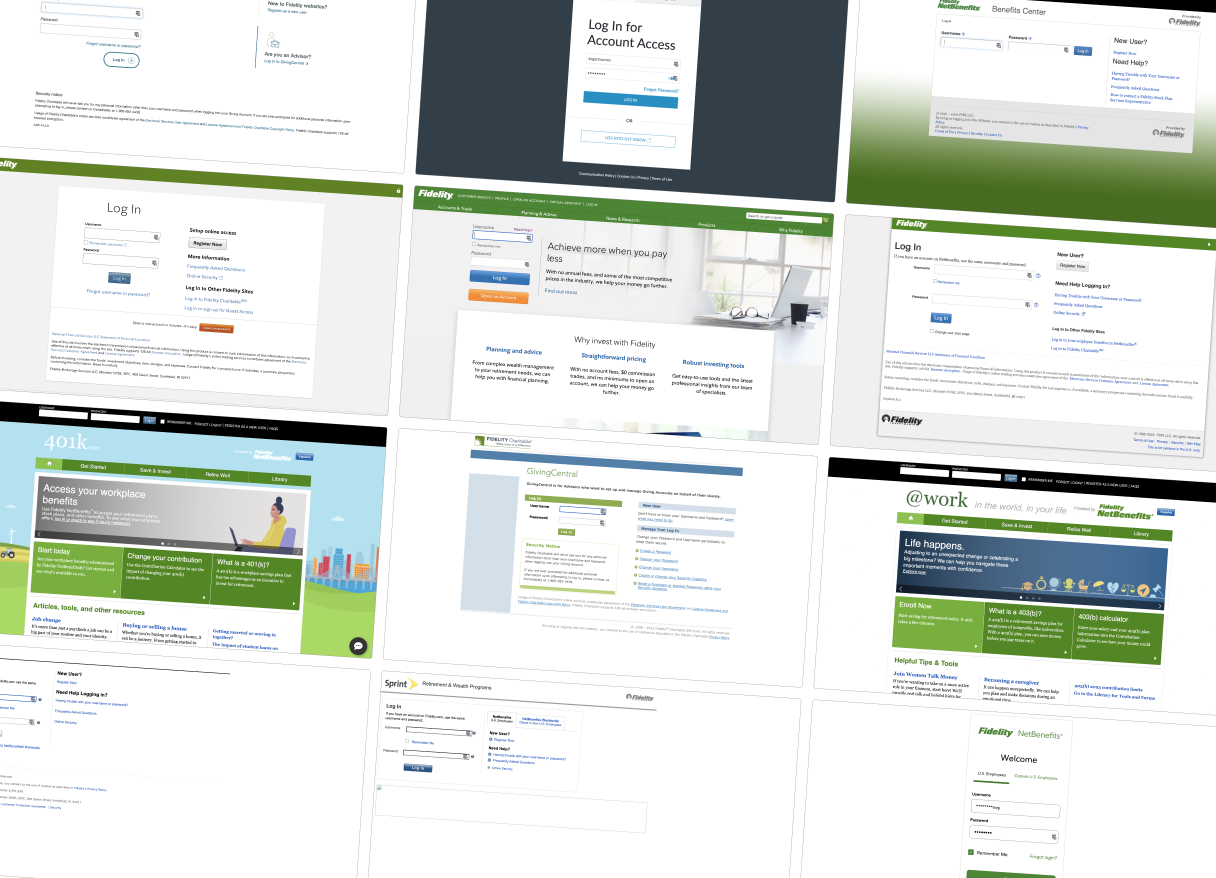 A grid of the many different log-in pages across Fidelity applications.