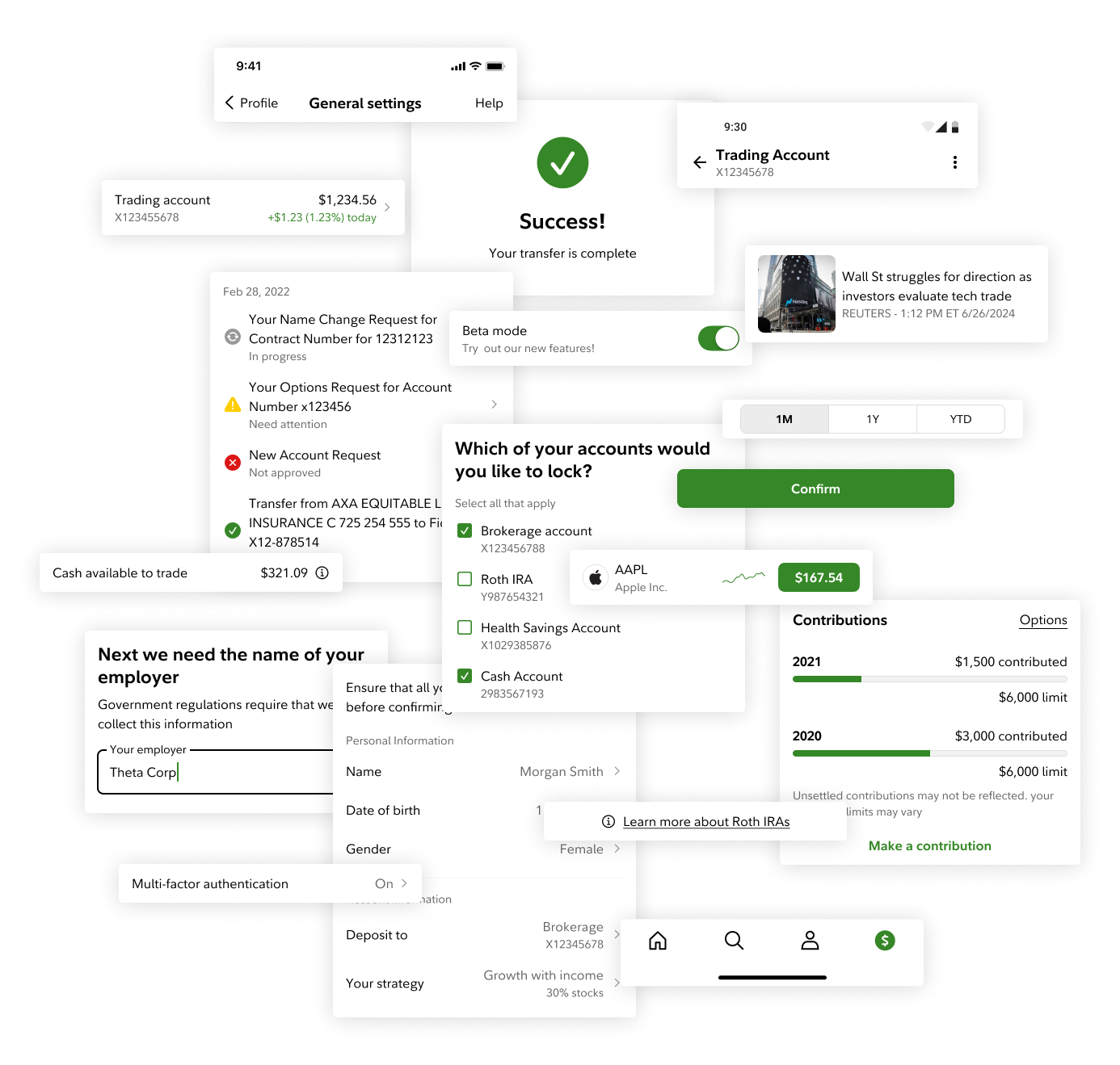 A sheet of design system components: rows, buttons, and controls in light and dark themes.