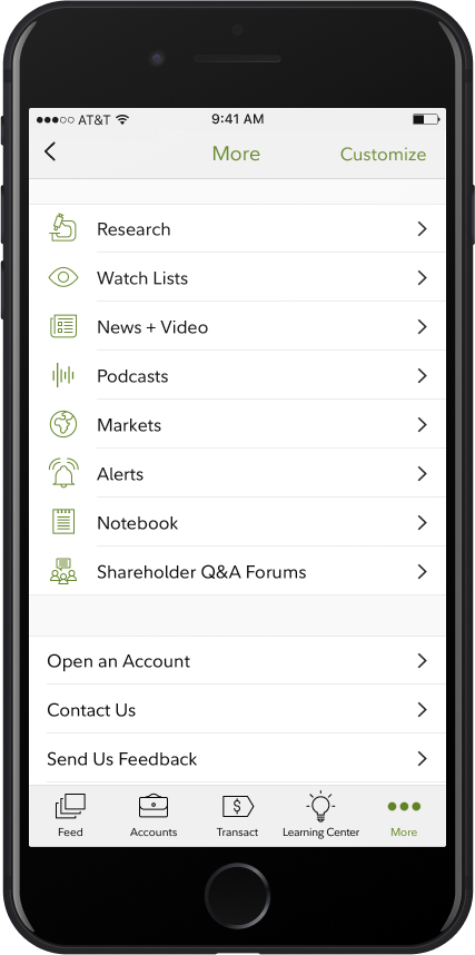 The version 3.0 More tab on iOS, a long list of feature links.