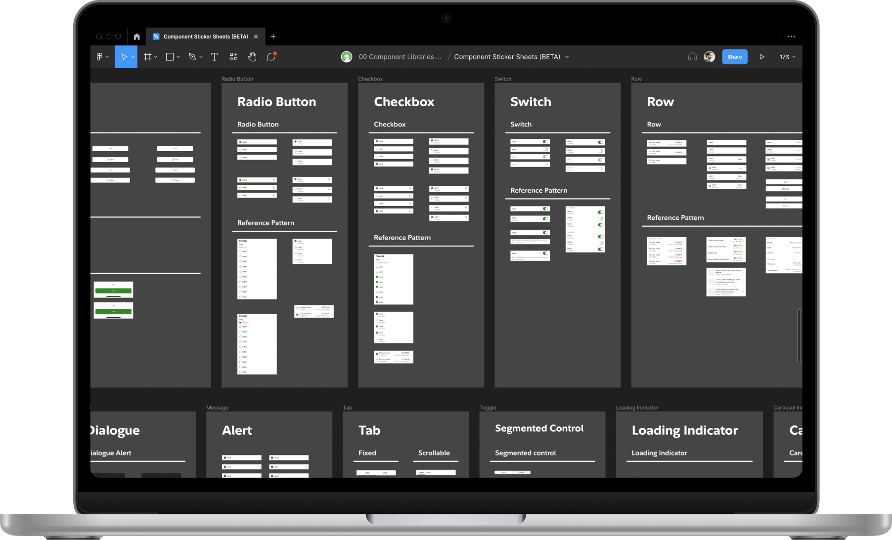 The sticker sheet file in Figma, with components laid out by type.