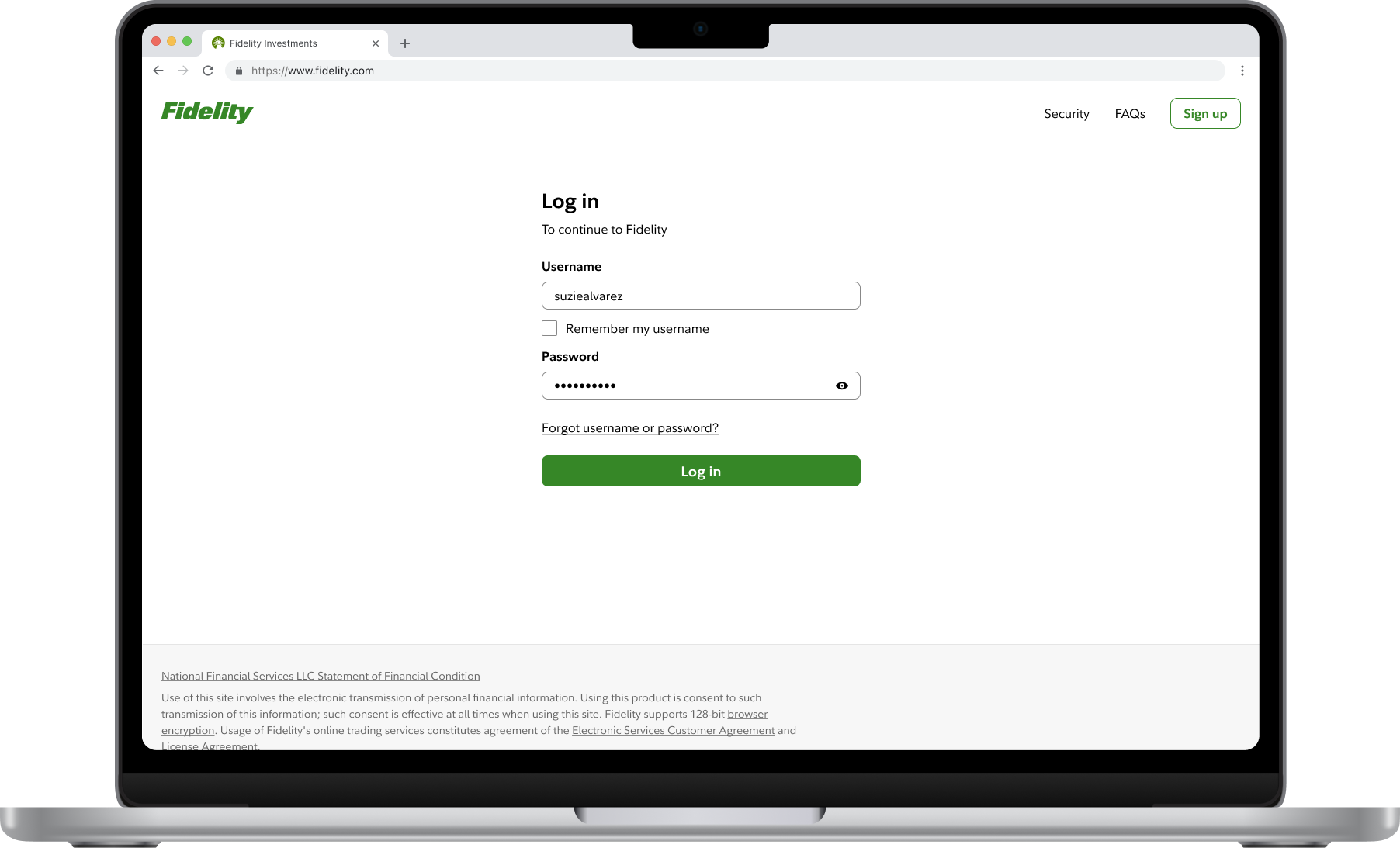 The new log-in page on a laptop.