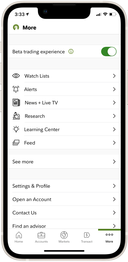 The beta toggle in the More tab.