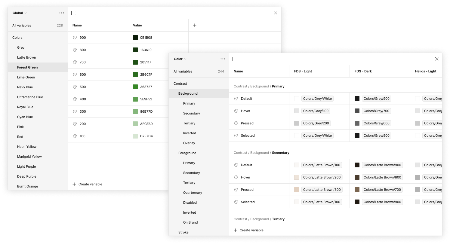 Global and alias color tokens in Figma's variables panel.