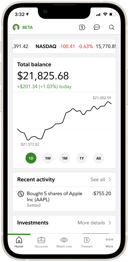 The new Home tab with market indices at the top.