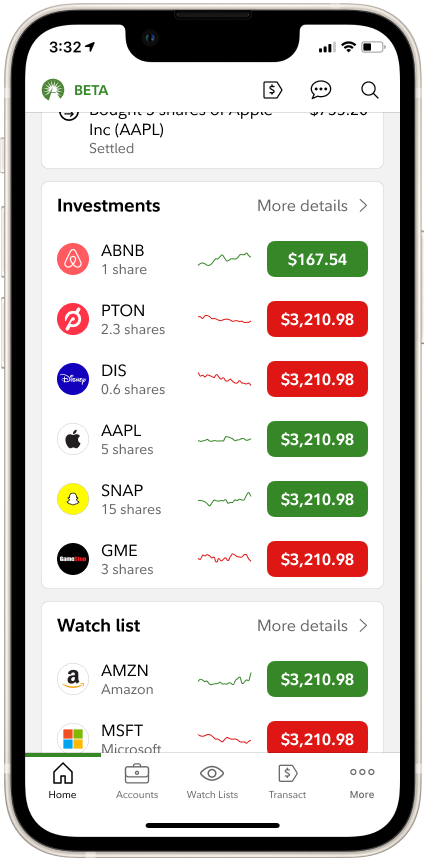 Scrolled view of the new Home tab showing investments and watch list with company logos.