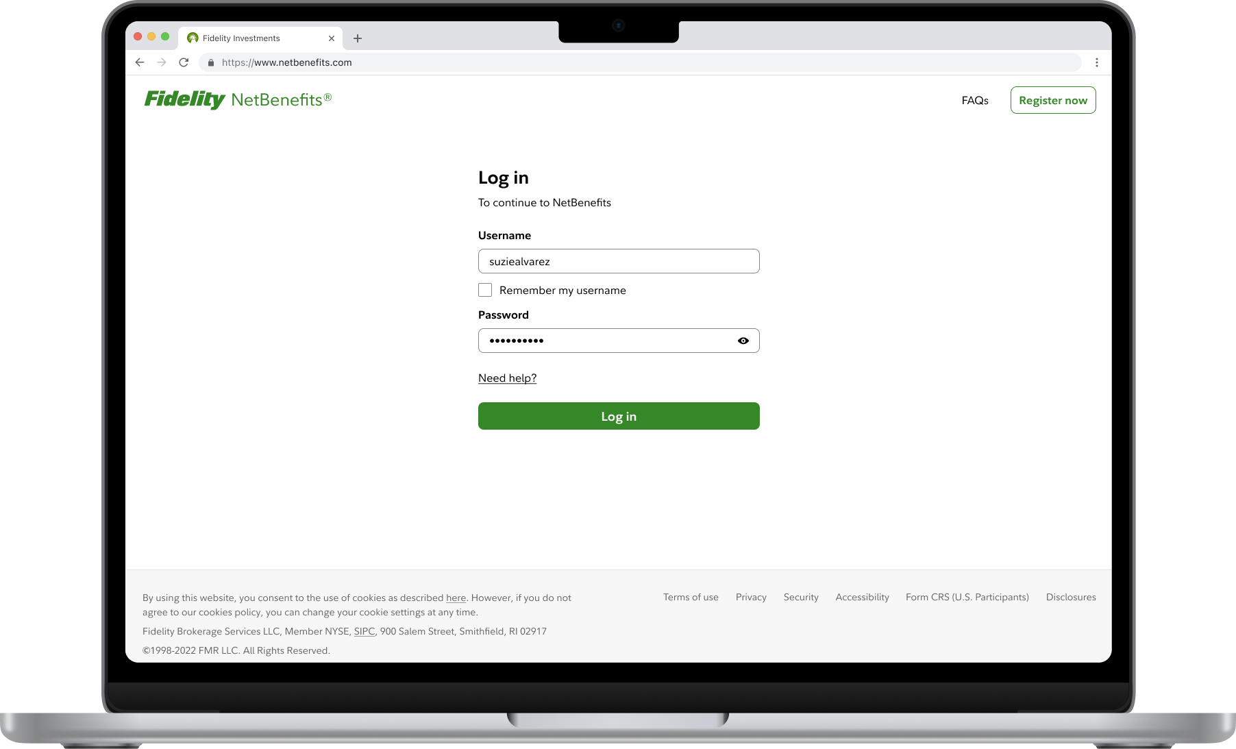 The log-in page customized for NetBenefits.