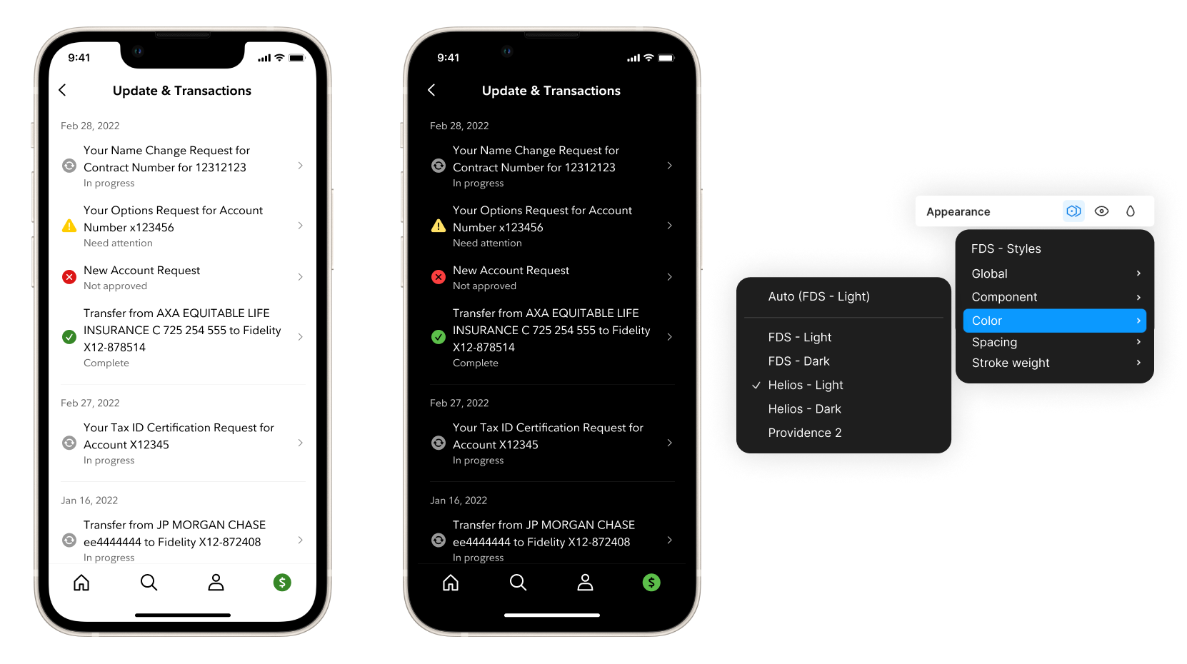 The same screen in light and dark modes, switched through the token panel.