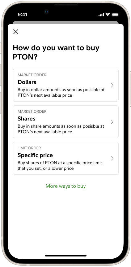 Step one of the new trade flow: a list of common order types.