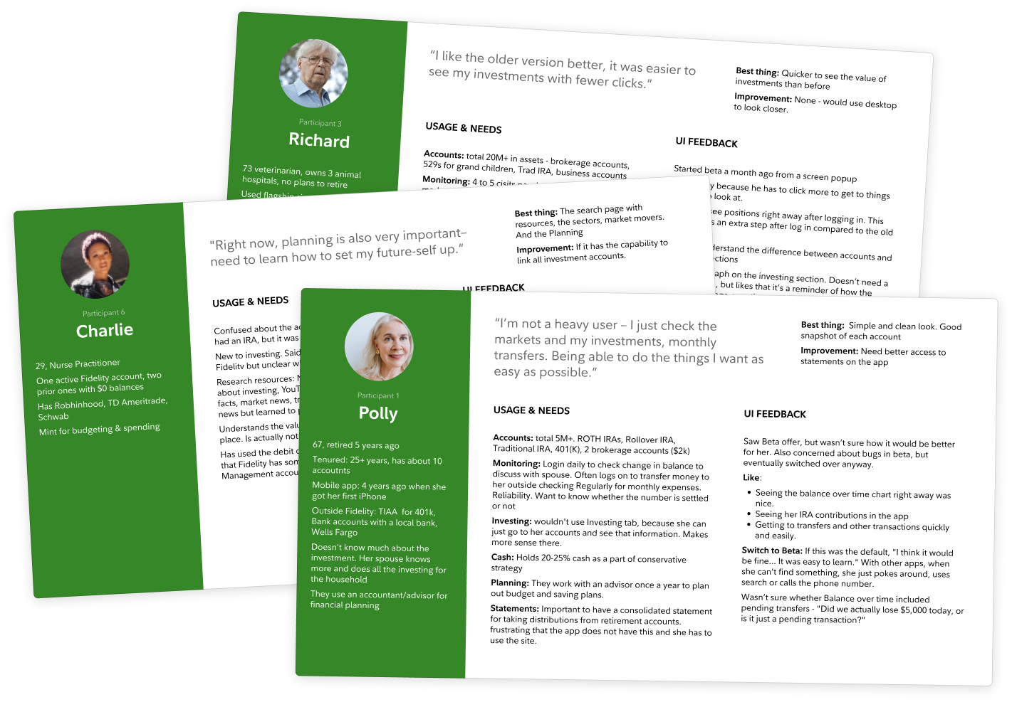 Interview summary cards for three beta participants.