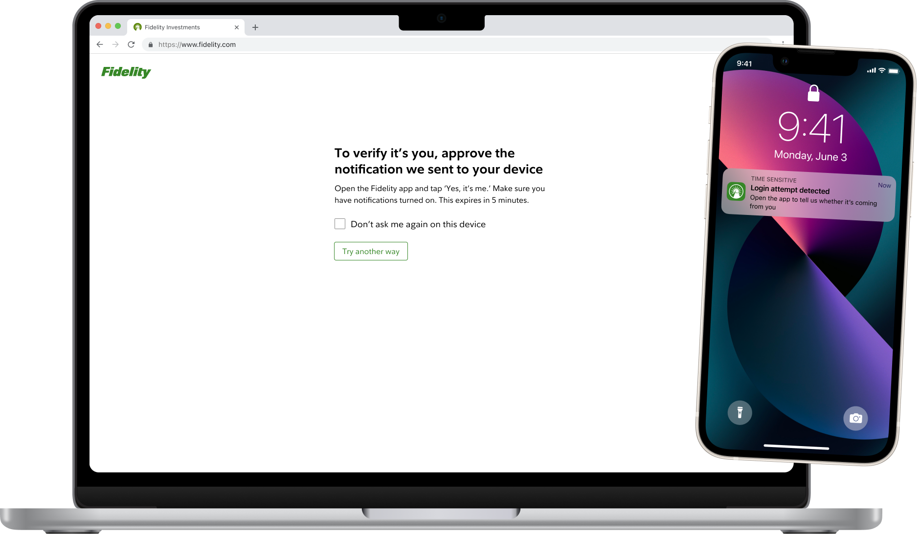 The web log-in waiting for approval, beside a phone showing the push notification.