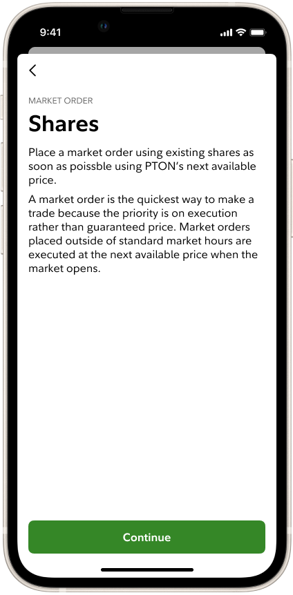 Step two of the new trade flow: a detailed description of the selected order type.