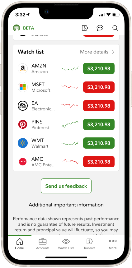 The beta home screen with a Send us feedback button.