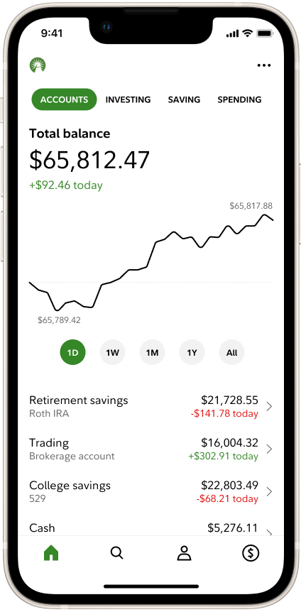 The Home tab, showing total balance and accounts.