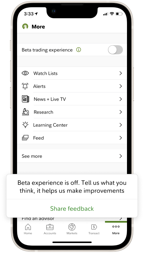 The More tab after opting out, with a prompt to share feedback.