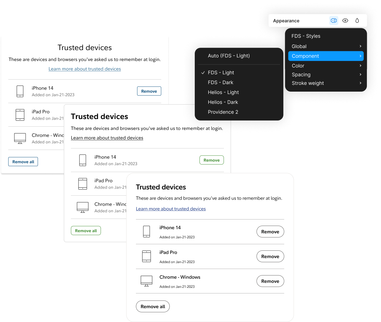 A trusted devices panel rendered in three themes, with the theme picker beside it.