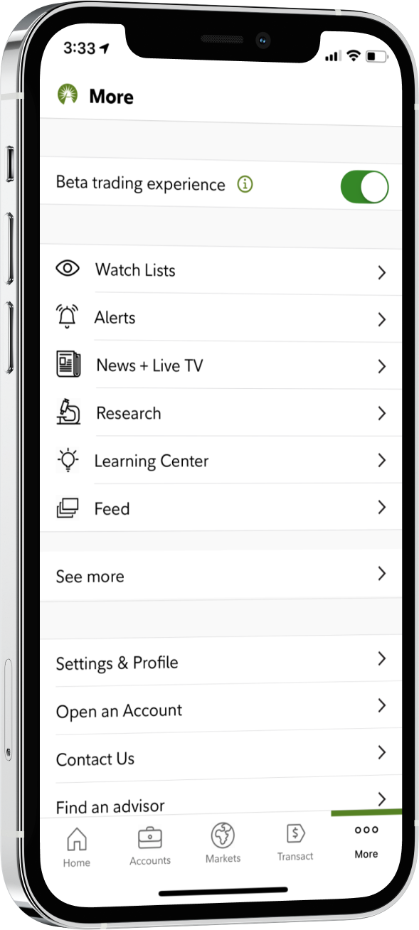 The beta trading experience toggle in the More tab.
