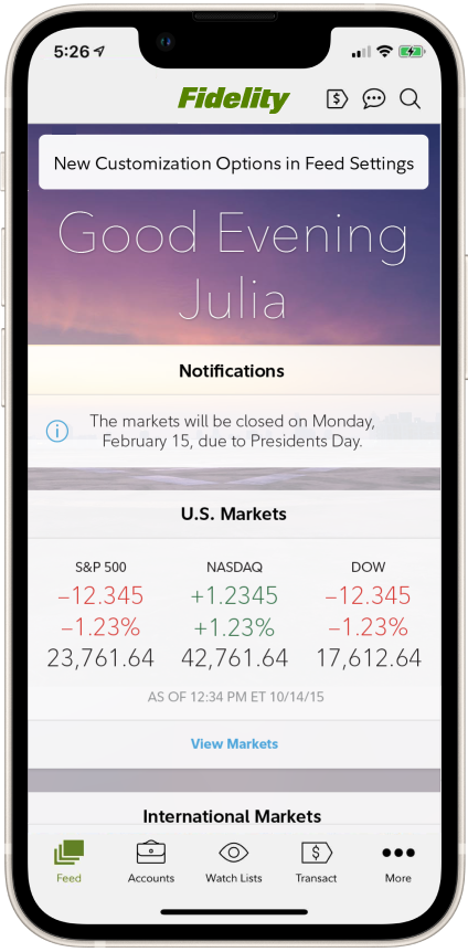 The original home screen of the Fidelity app.