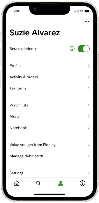 The Profile tab, with personal information, settings and the beta toggle.
