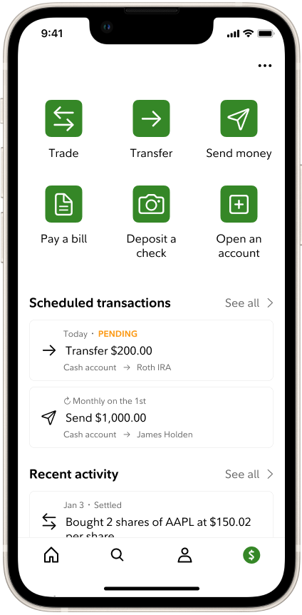 The Transact tab, with trade, transfer and payment actions.
